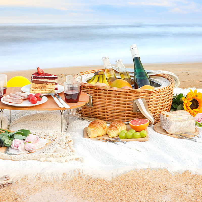 Picnic Basket Set with Foldable Table for 2-Beige