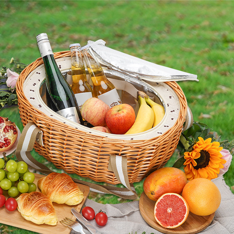 Picnic Basket Set with Foldable Table for 2-Beige