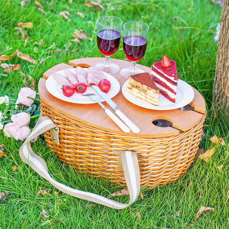 Picnic Basket Set with Foldable Table for 4-Beige