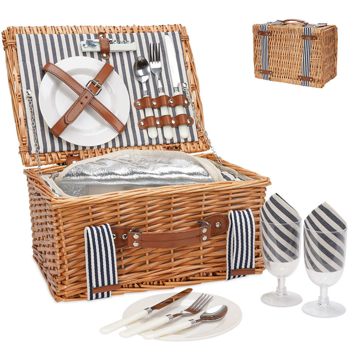 Classical Stripe Wicker Picnic Basket For 2