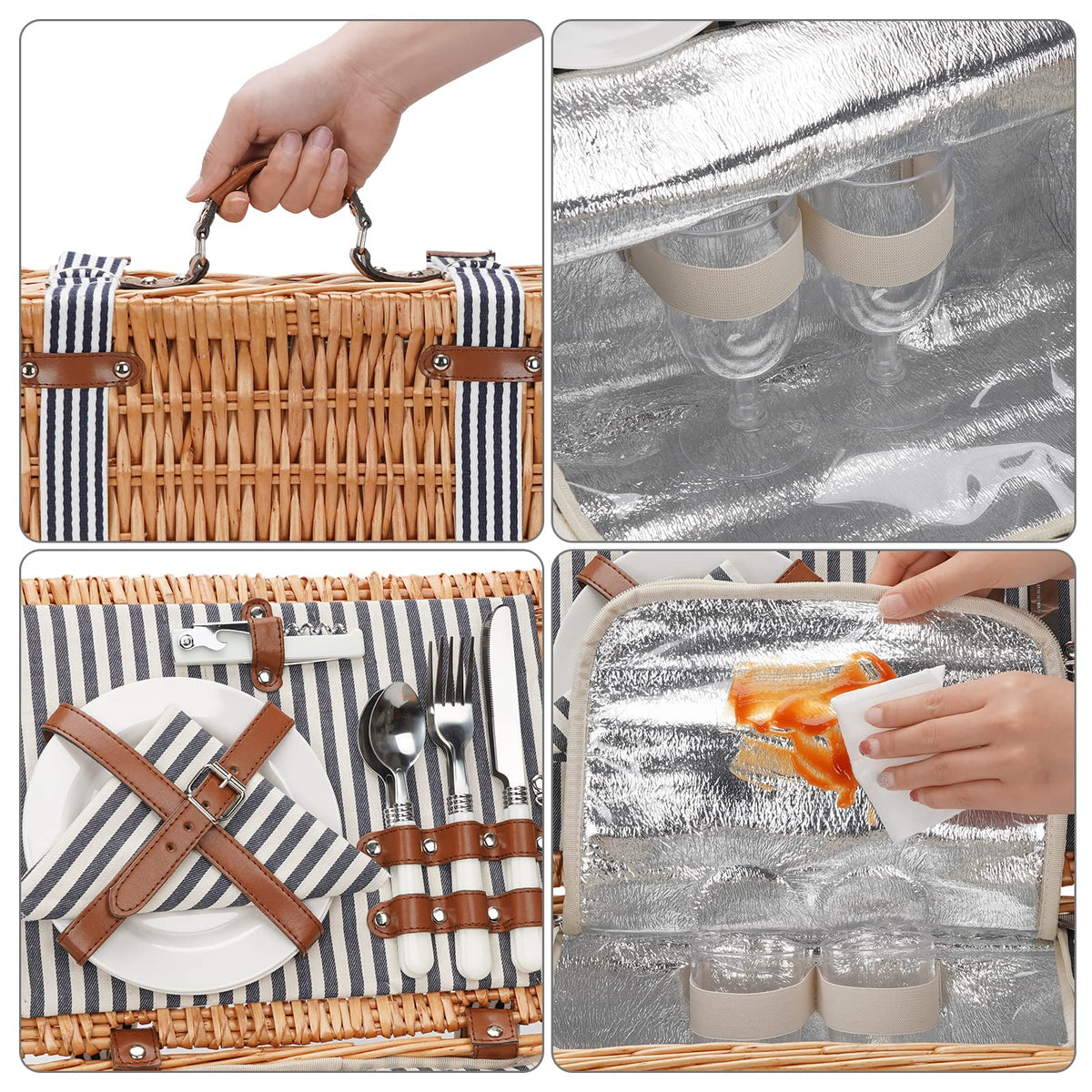 Classical Stripe Wicker Picnic Basket For 2