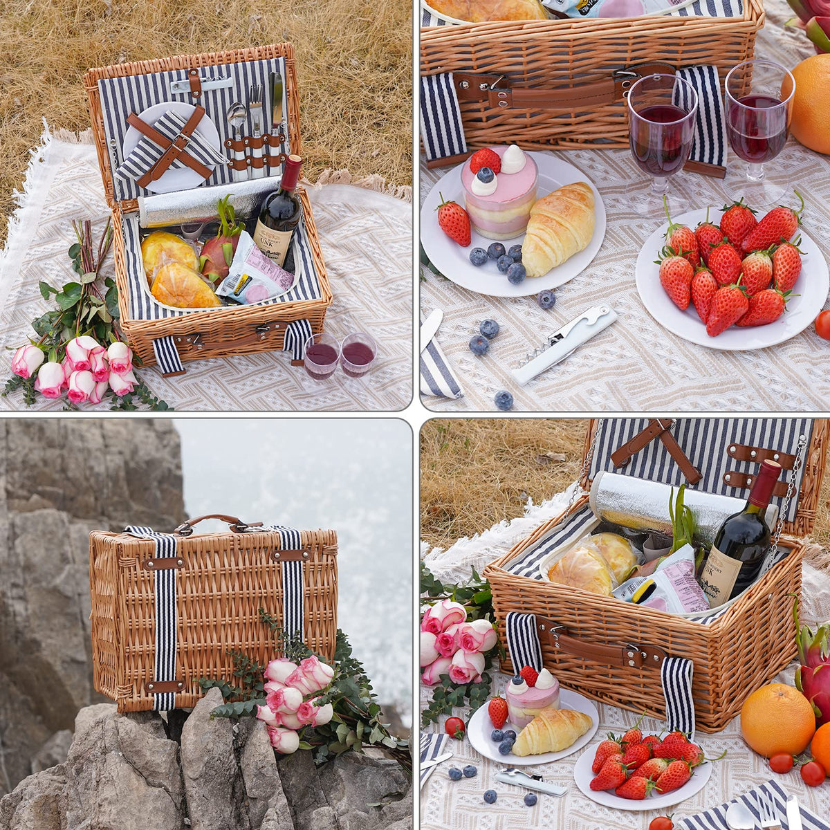 Classical Stripe Wicker Picnic Basket For 2