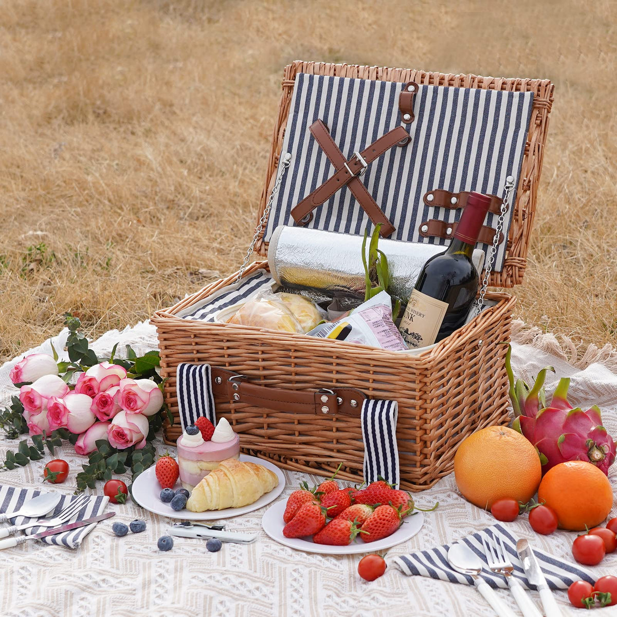 Classical Stripe Wicker Picnic Basket For 2