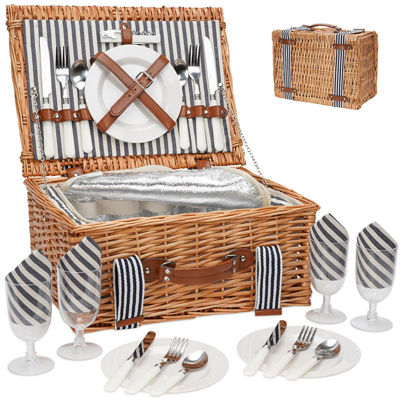 Classical Stripe Wicker Picnic Basket For 4