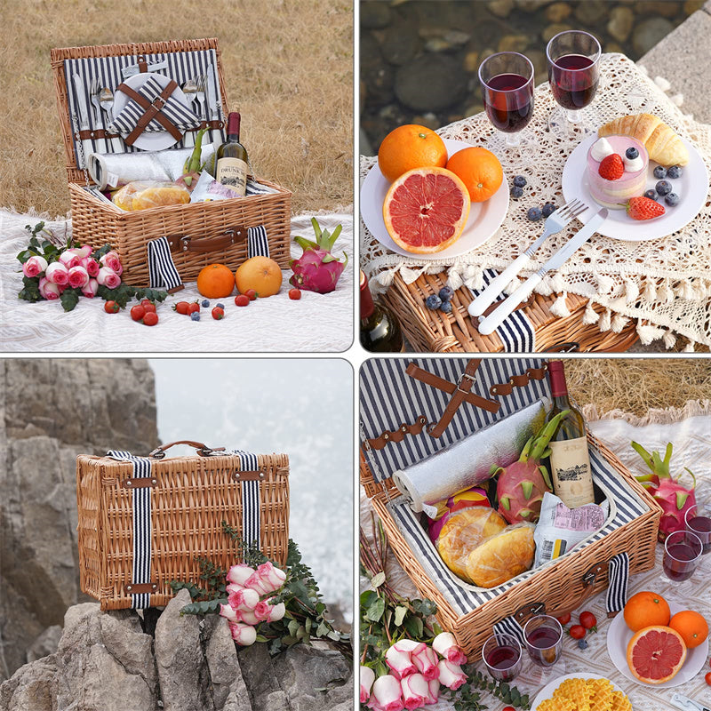 Classical Stripe Wicker Picnic Basket For 4