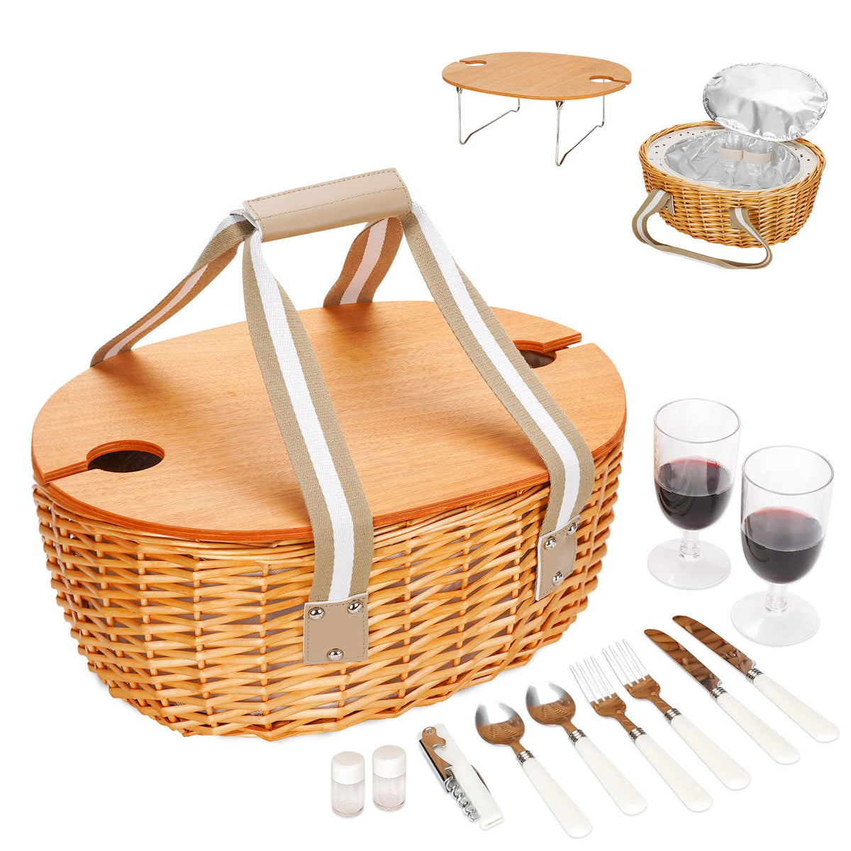 Picnic Basket Set with Foldable Table for 2-Beige