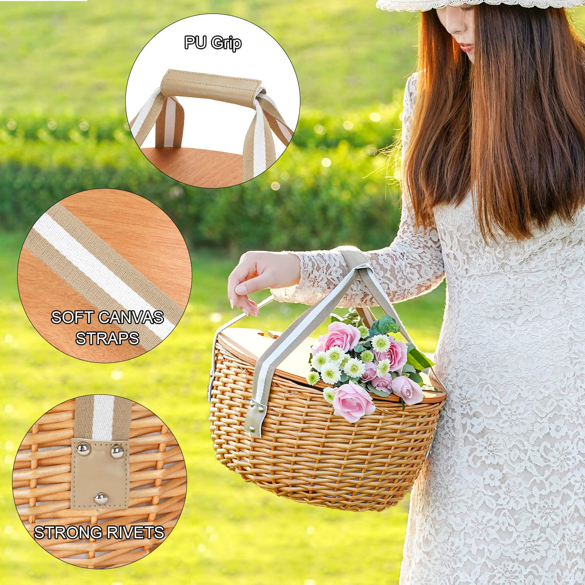 Picnic Basket Set with Foldable Table for 2-Beige