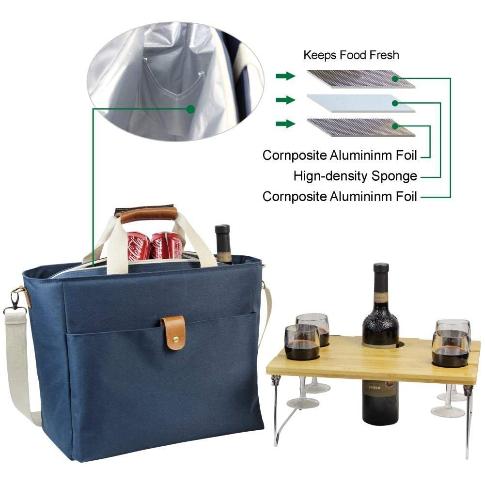 Picnic Cooler Bag with Portable  Wine Snack Table-Blue