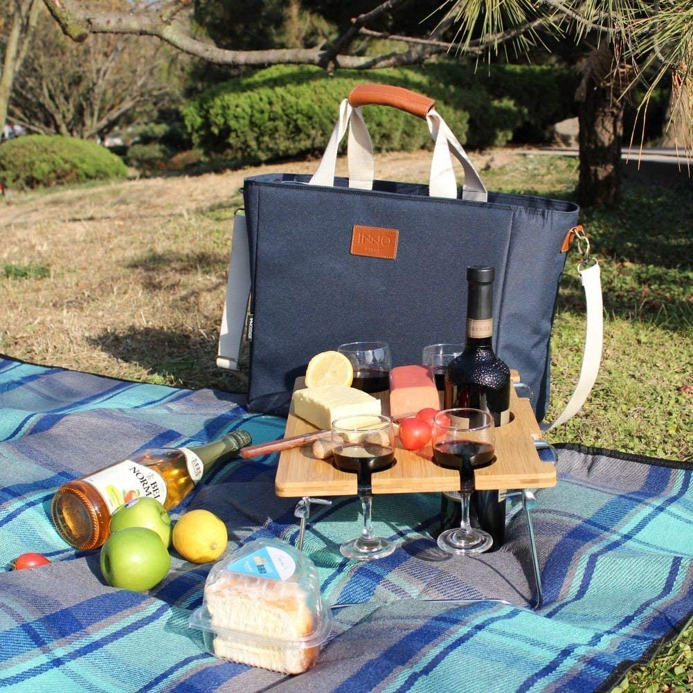 Picnic Cooler Bag with Portable Wine Snack Table Blue HappyPicnic