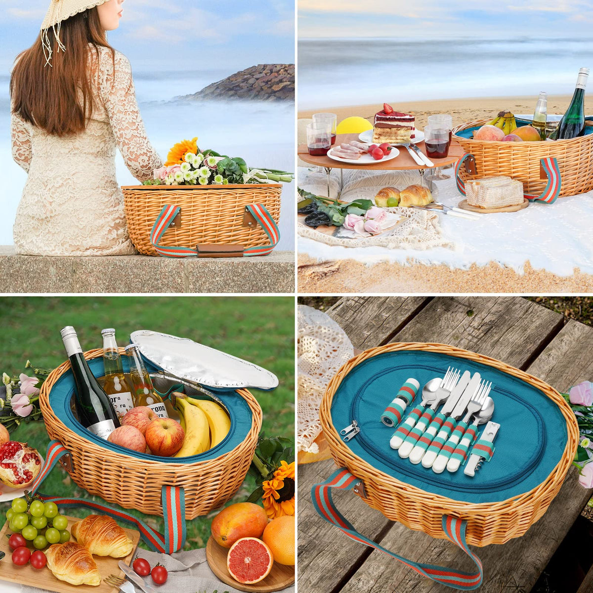 Picnic Basket Set with Foldable Table for 4-Blue