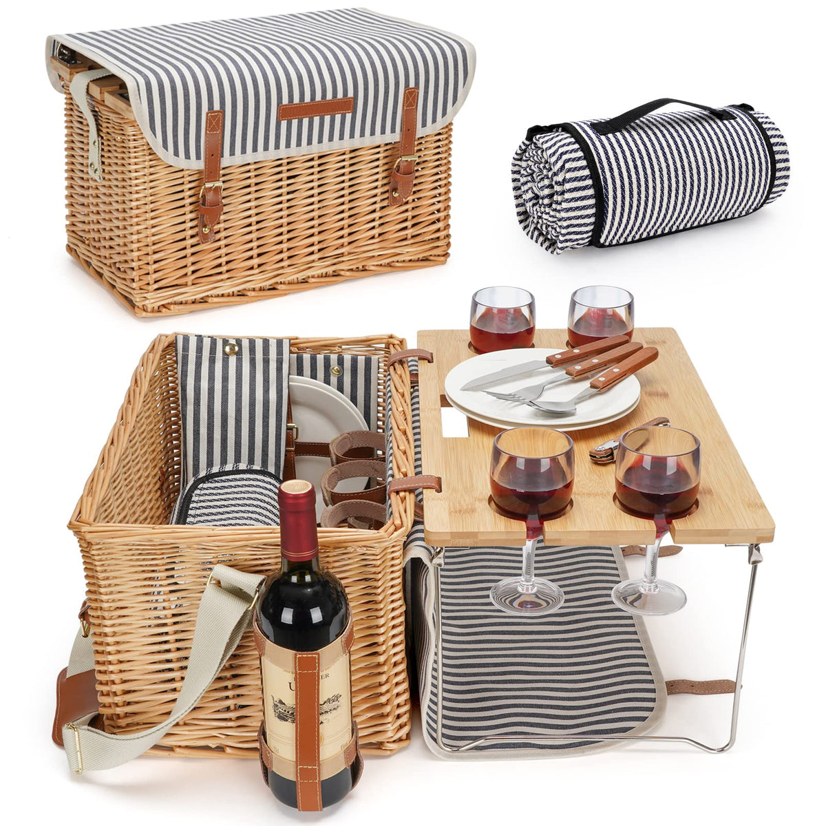 Striped Wicker Picnic Basket Set For 4