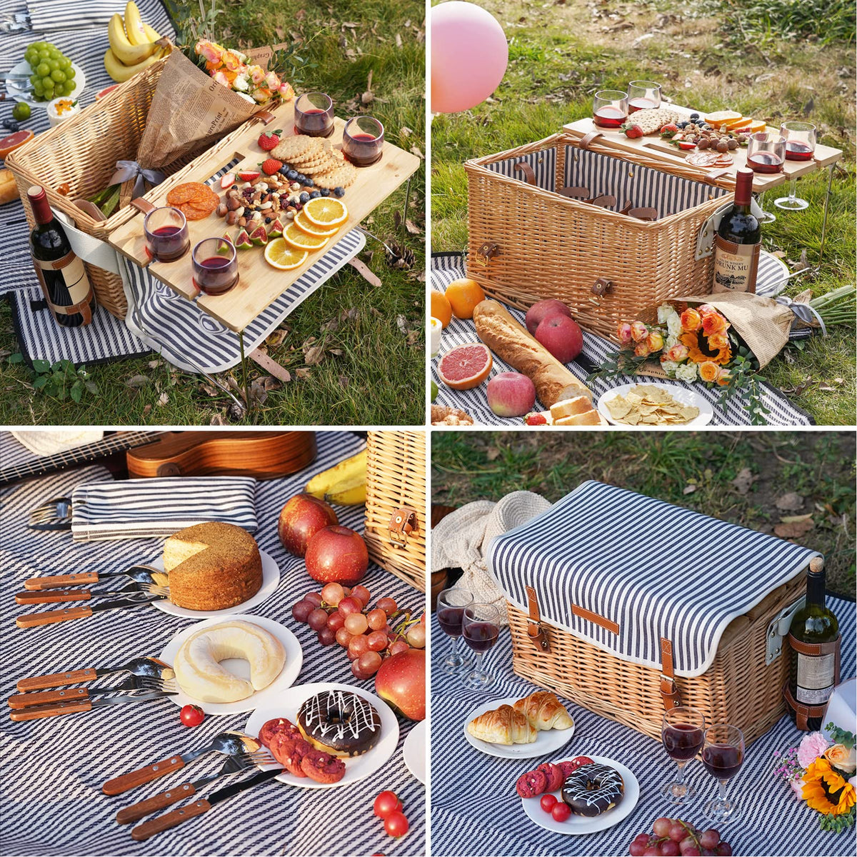 Striped Wicker Picnic Basket Set For 4