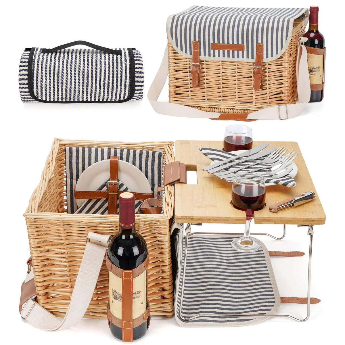 Striped Wicker Picnic Basket Set For 2