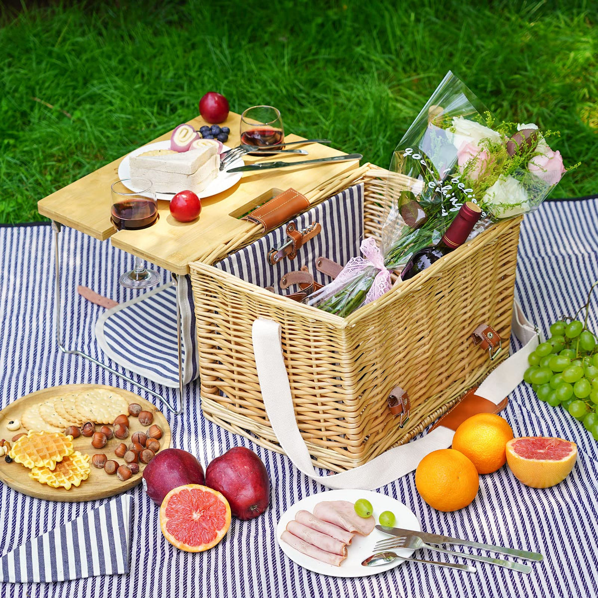 Striped Wicker Picnic Basket Set For 2