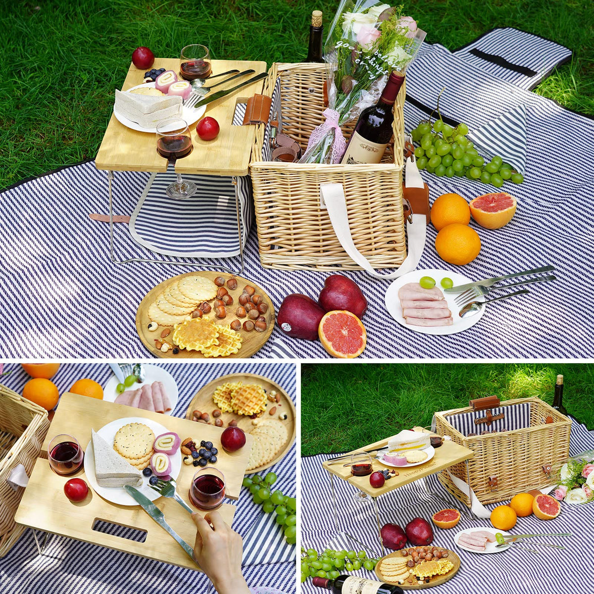 Striped Wicker Picnic Basket Set For 2