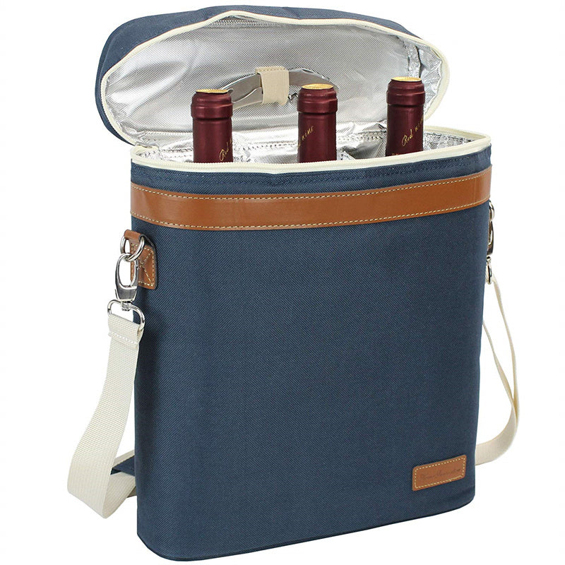 3 Bottle Insulated Wine Tote Cooler Bag-Navy Blue