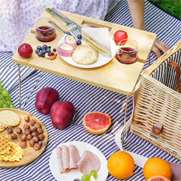 Striped Wicker Picnic Basket Set For 2