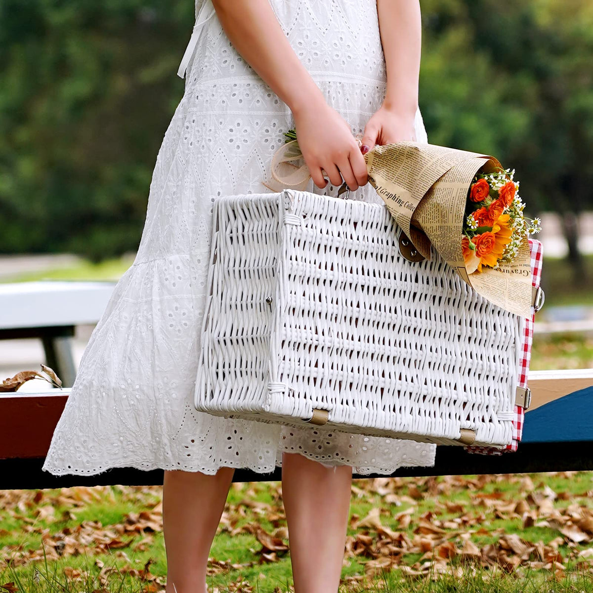 Picnic Wicker Basket with Cooler Red Checkered