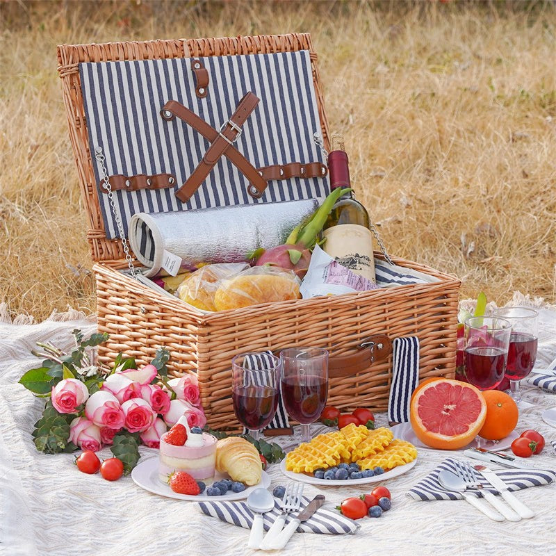 Classical Stripe Wicker Picnic Basket For 4
