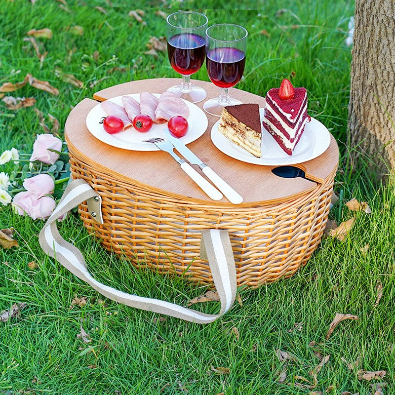Picnic Basket Set with Foldable Table for 2-Beige