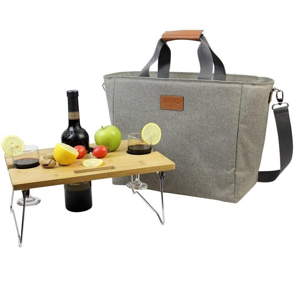 Picnic Cooler Bag with Portable  Wine Snack Table-Beige
