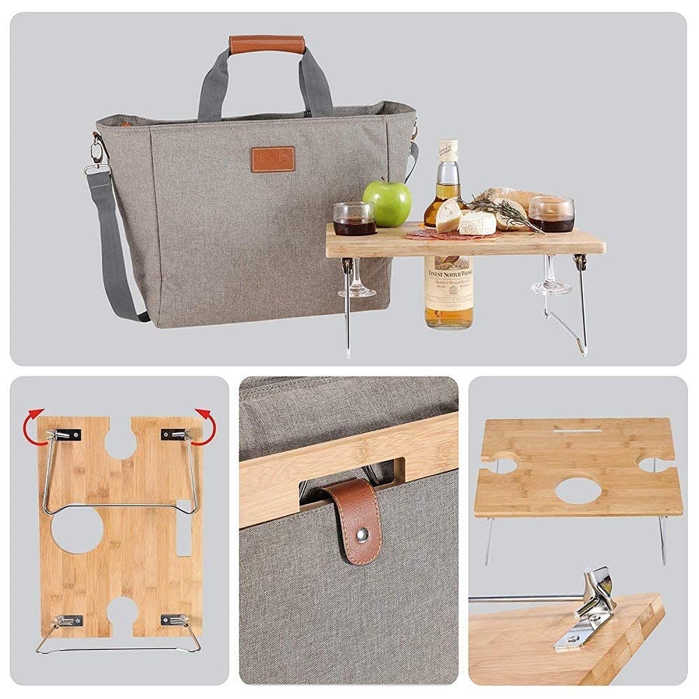 Picnic Cooler Bag with Portable  Wine Snack Table-Beige