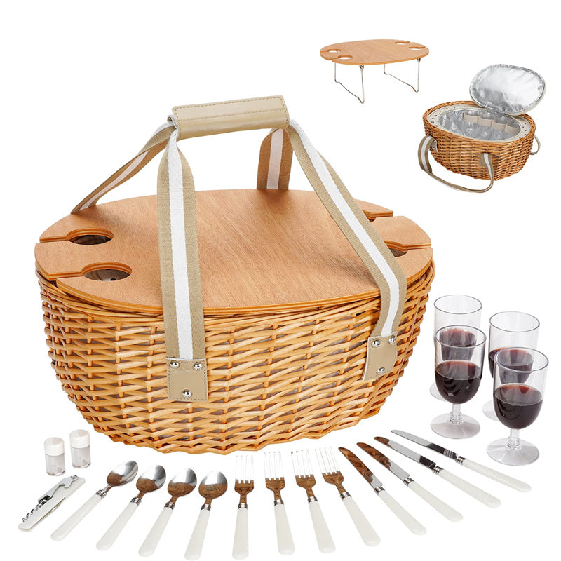 Picnic Basket Set with Foldable Table for 4-Beige