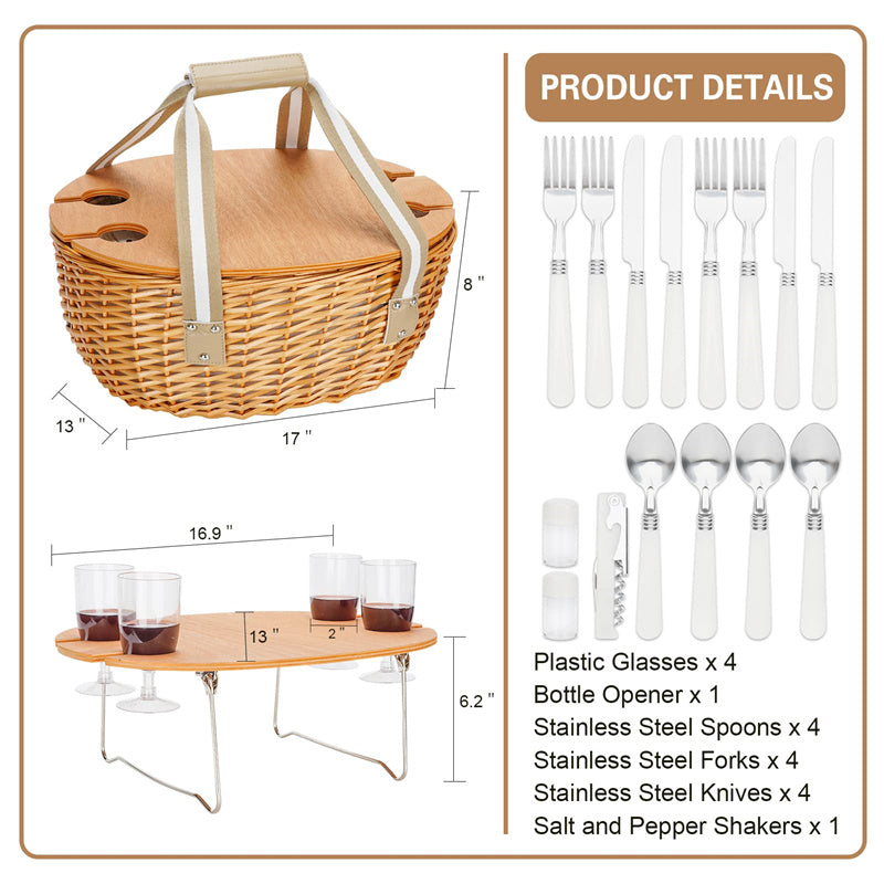 Picnic Basket Set with Foldable Table for 4-Beige