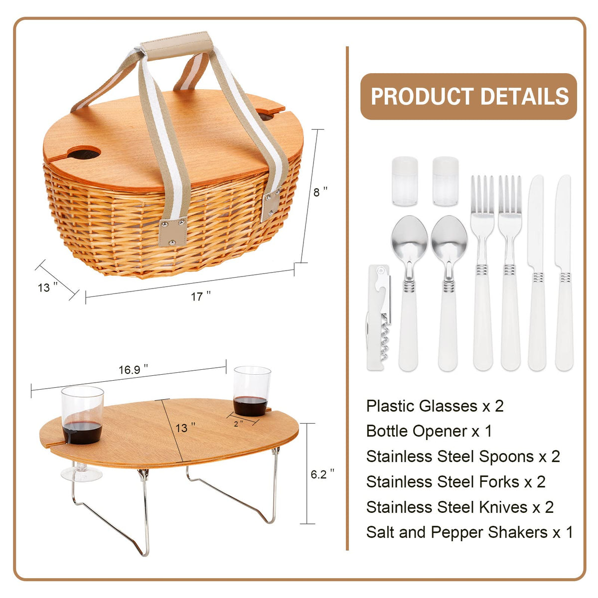 Picnic Basket Set with Foldable Table for 2-Beige