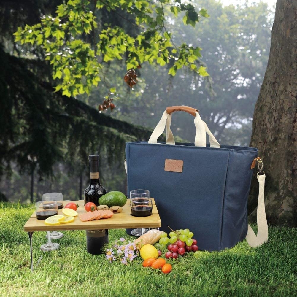 Picnic Cooler Bag with Portable Wine Snack Table Blue HappyPicnic