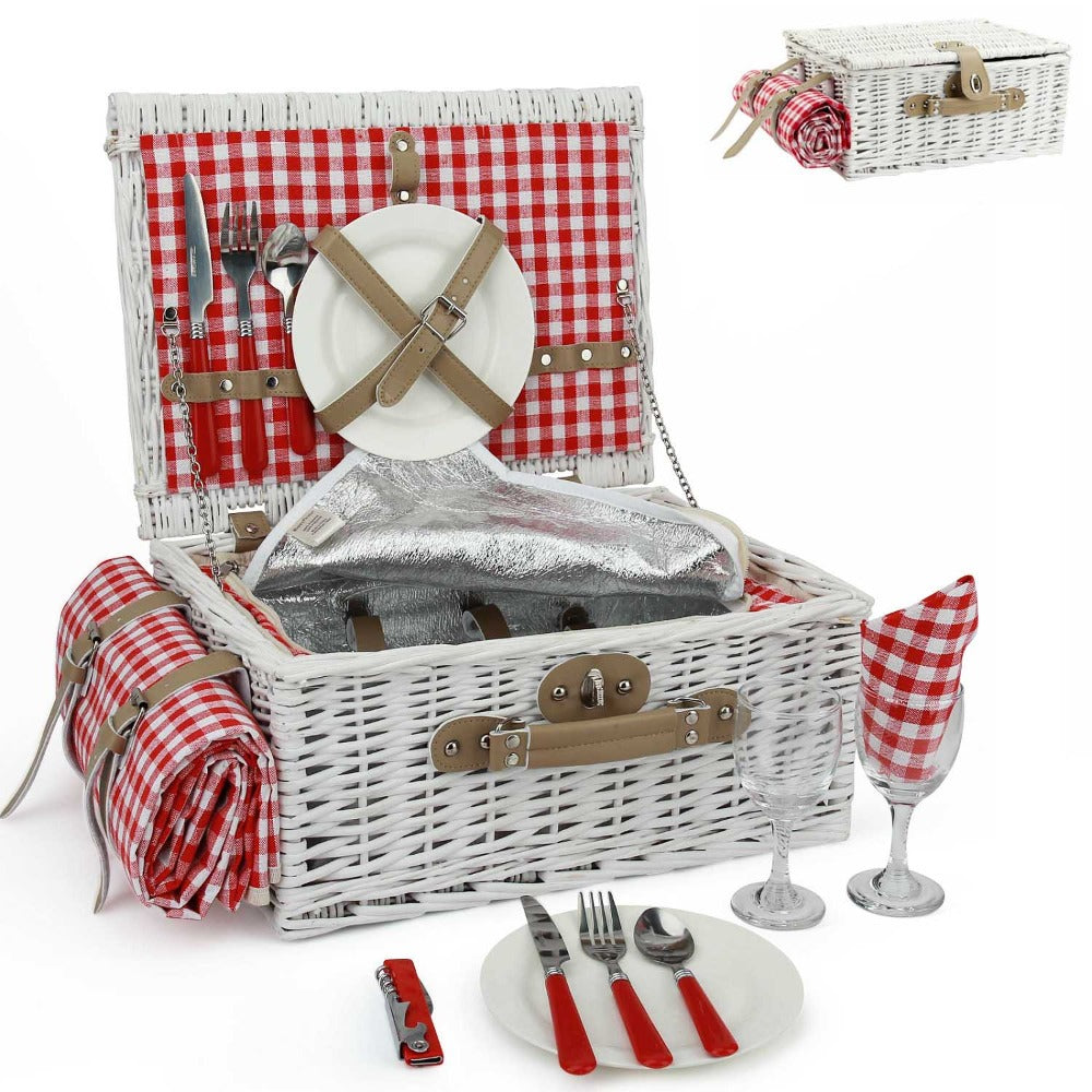2 Person Picnic Wicker Basket with Cooler Red Checkered