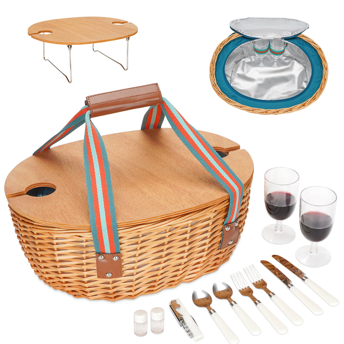 Picnic Basket Set with Foldable Table for 2-Blue