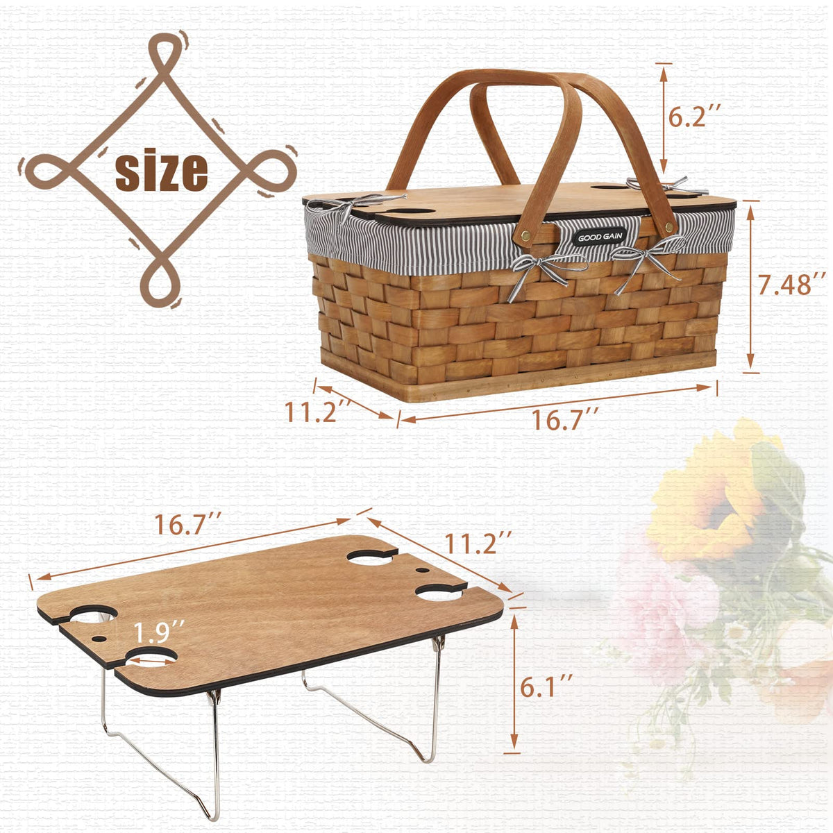 Romantic Woodchip Picnic Basket For 4 Persons-Gray