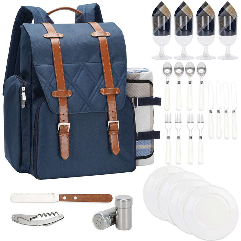 Picnic Backpack for 4 Person with Large Insulated Cooler Bag-Navy Blue