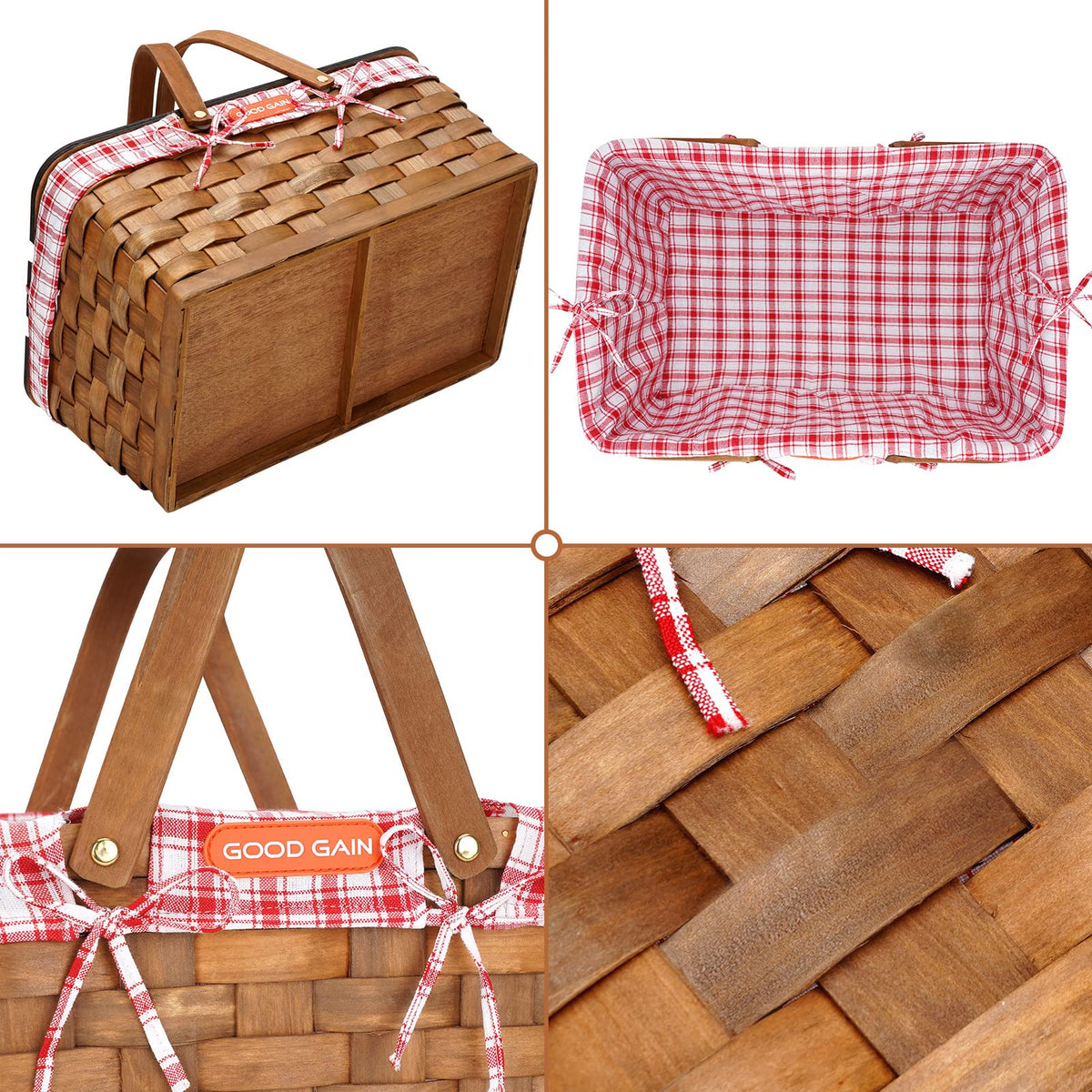 Romantic Woodchip Picnic Basket For 4-Red