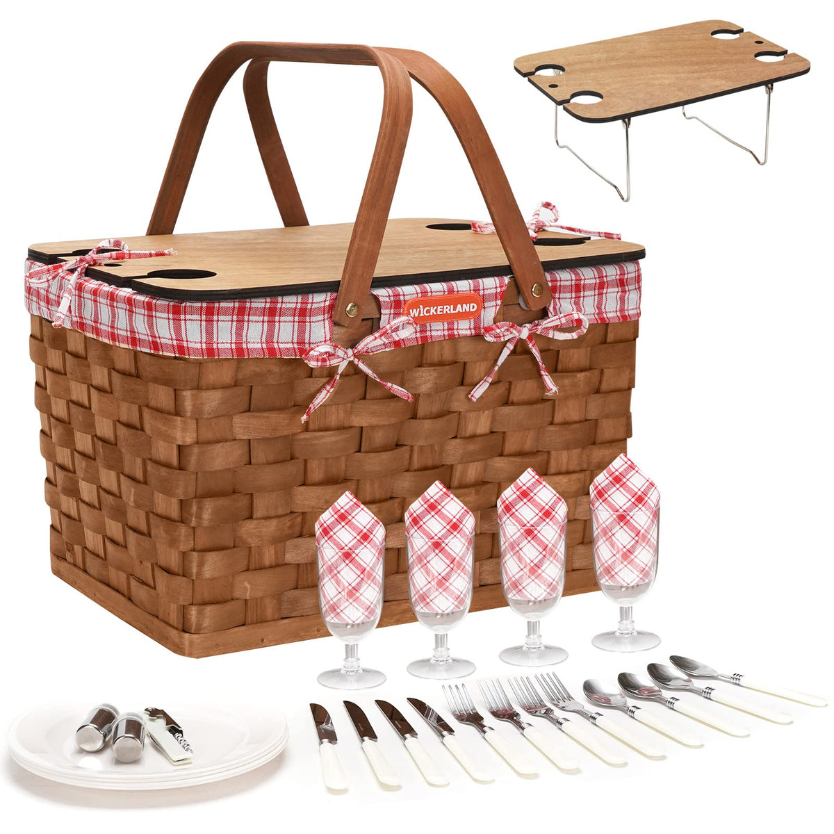 Woodchip Picnic Basket Set for 4 Persons-Walnut Red