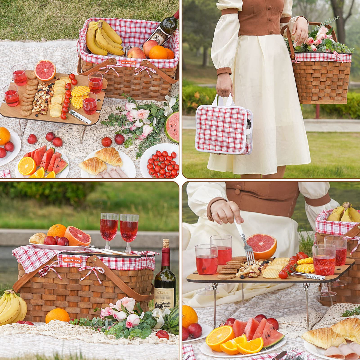 Woodchip Picnic Basket Set for 4 Persons-Walnut Red