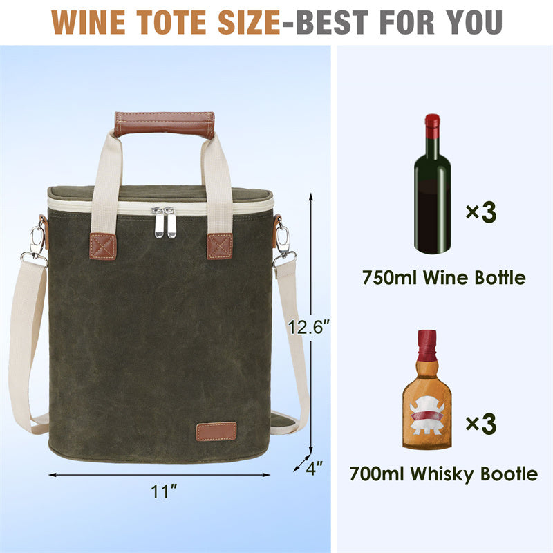 3 Bottle Insulated Wine Tote Cooler Bag-Green
